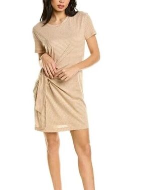 NWT Vince Short Sleeve Cotton Tee Shirt Dress Tan & White Stripe $225 Sz. Small